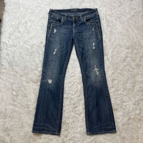 Silver Jeans Aiko Bootcut Jeans Size 30X31 Distressed Thick Stitch Rhinestone - Picture 1 of 3